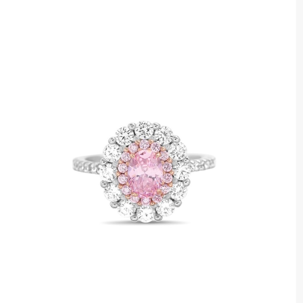Pink Cubic Zirconia & Double Halo Oval-Cut Ring